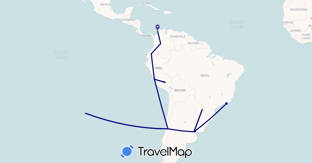 TravelMap itinerary: driving in Argentina, Brazil, Chile, Colombia, Ecuador, Peru, Uruguay (South America)